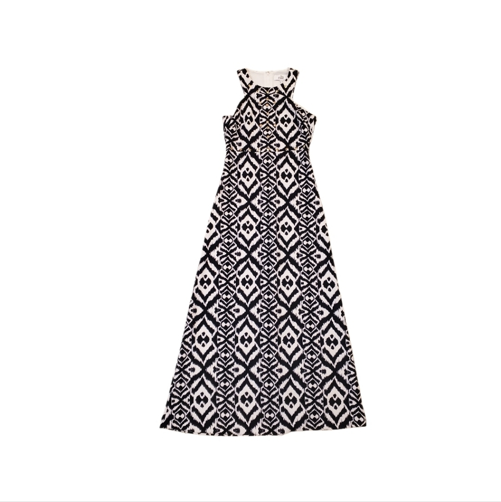 Belle Badgley Mischka Black White Tribal Gold Studs Maxi Dress Size 4